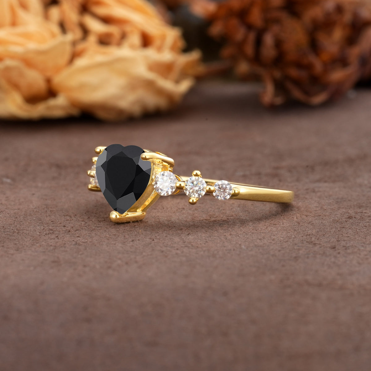 Luxurious Vintage-Style Pavé 3-Prong Heart Cut Black Onyx Engagement Ring - Additional view