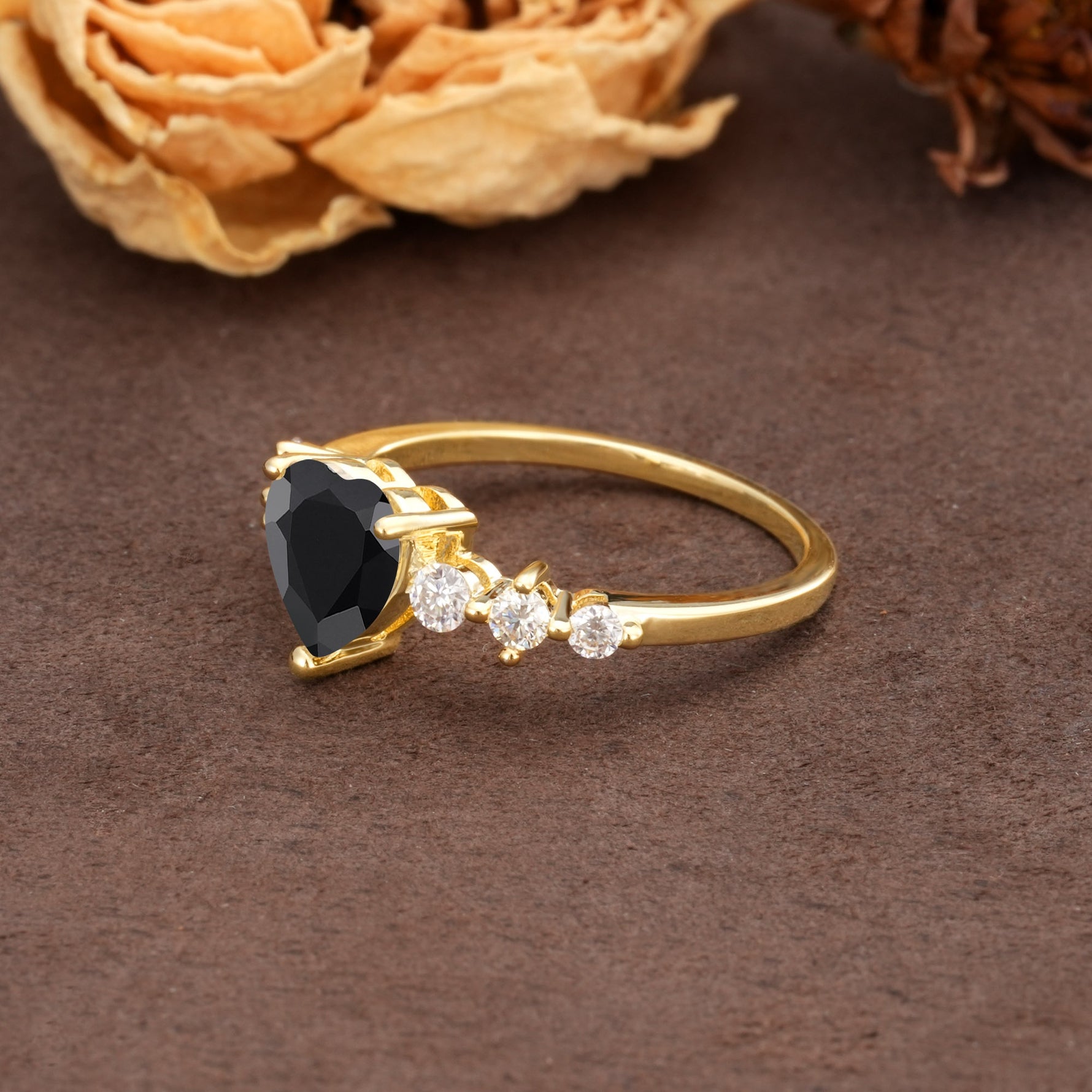 Luxurious Vintage-Style Pavé 3-Prong Heart Cut Black Onyx Engagement Ring - Additional view