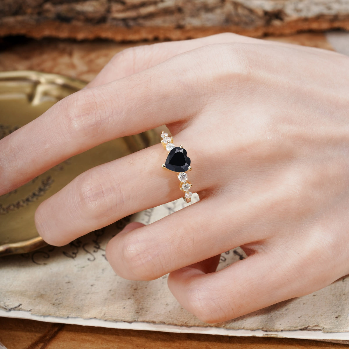 Luxurious Vintage-Style Pavé 3-Prong Heart Cut Black Onyx Engagement Ring - Additional view