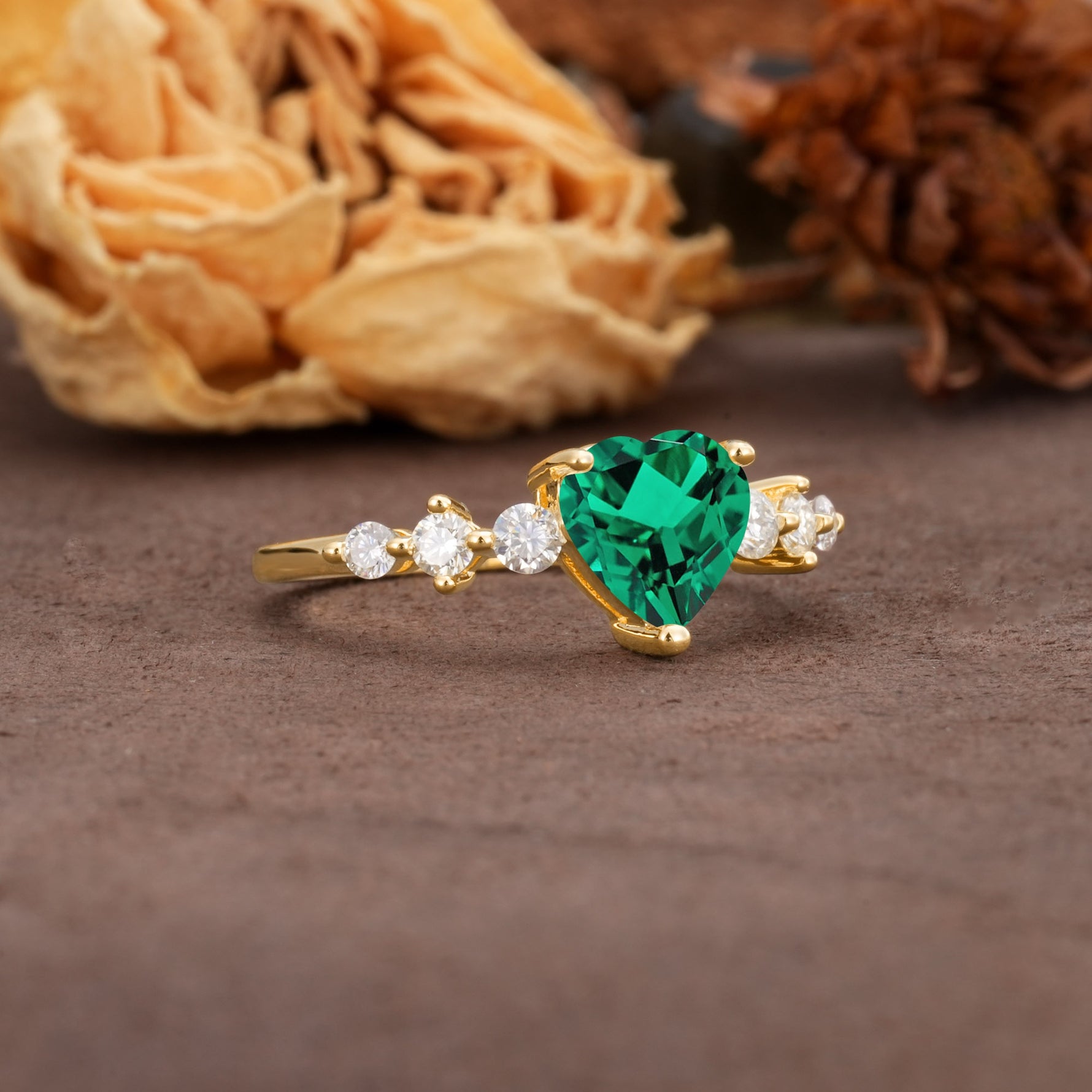 Luxurious Vintage-Style Pavé 3-Prong Heart Cut Emerald Engagement Ring - Additional view