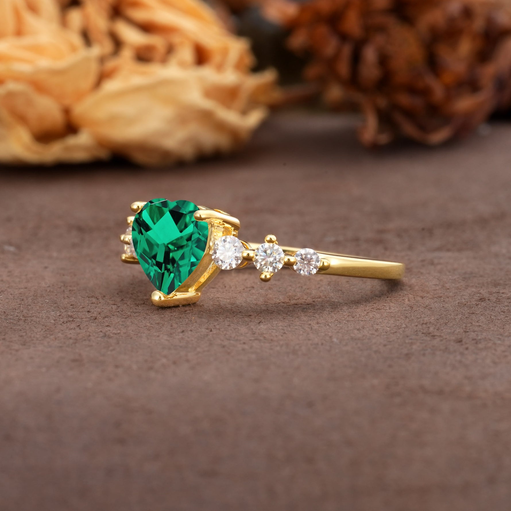 Luxurious Vintage-Style Pavé 3-Prong Heart Cut Emerald Engagement Ring - Additional view