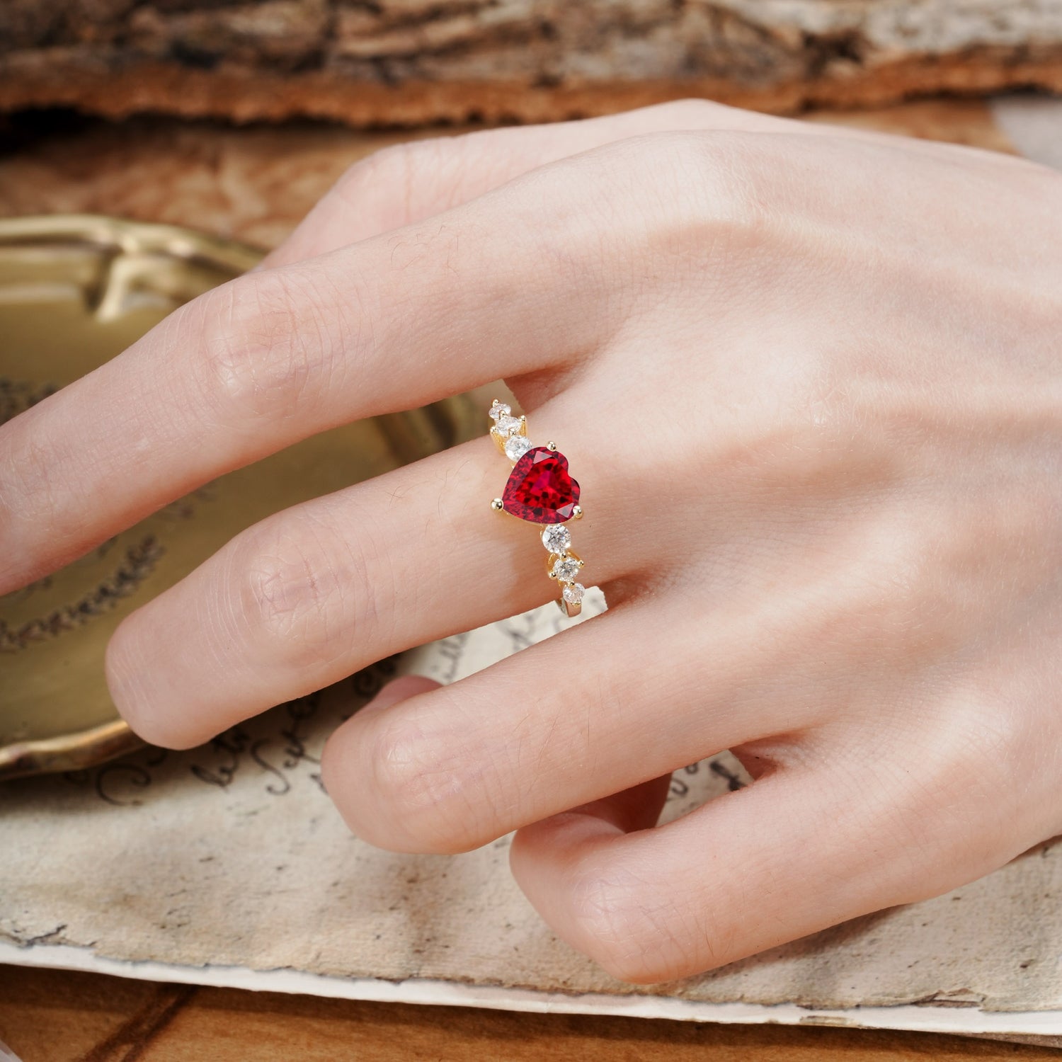 Luxurious Vintage-Style Pavé 3-Prong Heart Cut Ruby Engagement Ring - Additional view