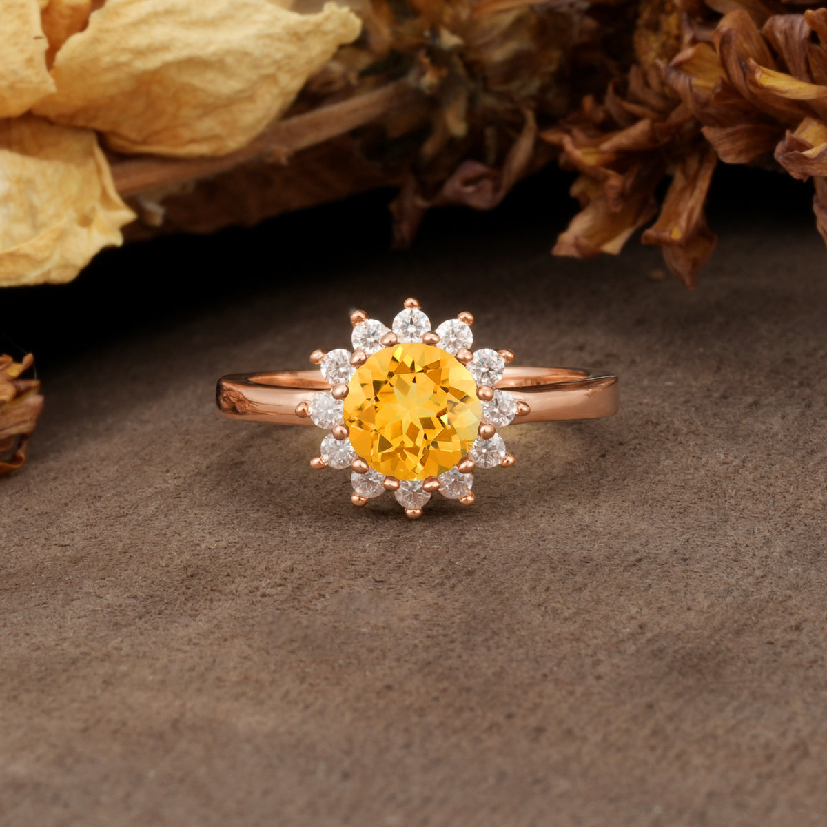 Nature-Inspired, Luxurious Floral Design, 12-Prong Round Cut Citrine Engagement Ring - Additional view