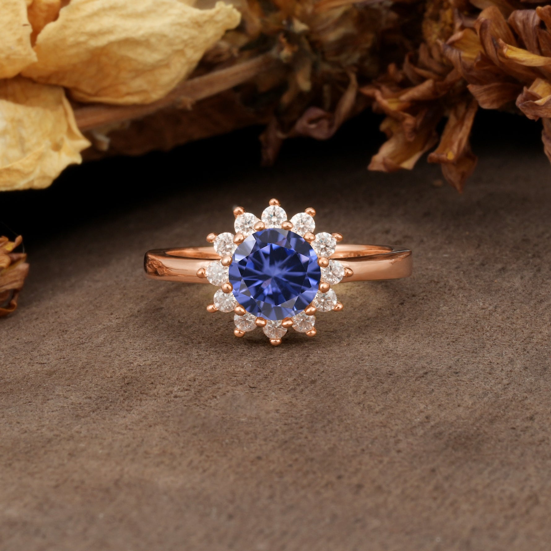 Nature-Inspired, Luxurious Floral Design, 12-Prong Round Cut Tanzanite Engagement Ring - Additional view