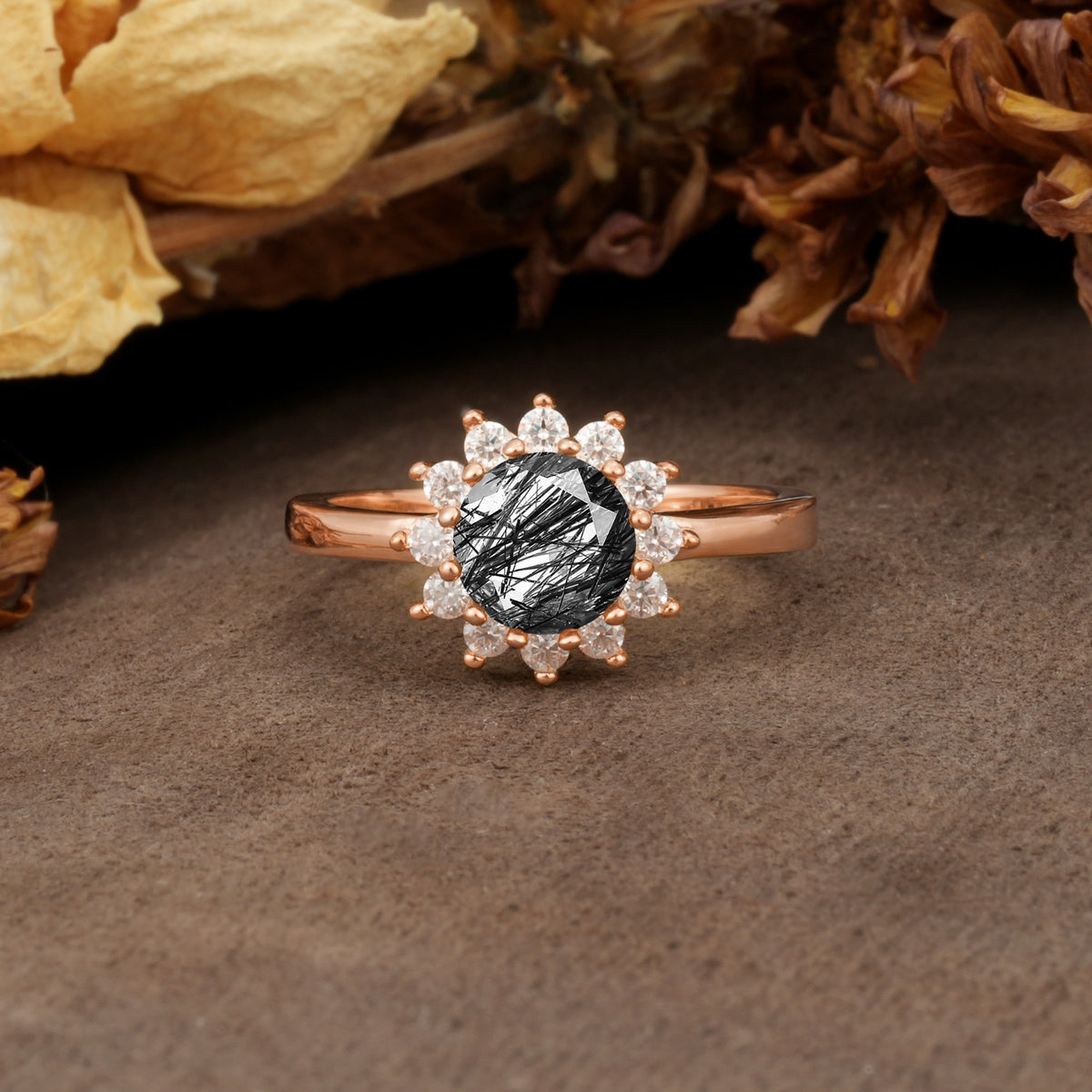 Nature-Inspired, Luxurious Floral Design, 12-Prong Round Cut Black Rutilated Quartz Engagement Ring - Additional view