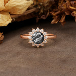 Nature-Inspired, Luxurious Floral Design, 12-Prong Round Cut Black Rutilated Quartz Engagement Ring - Additional view
