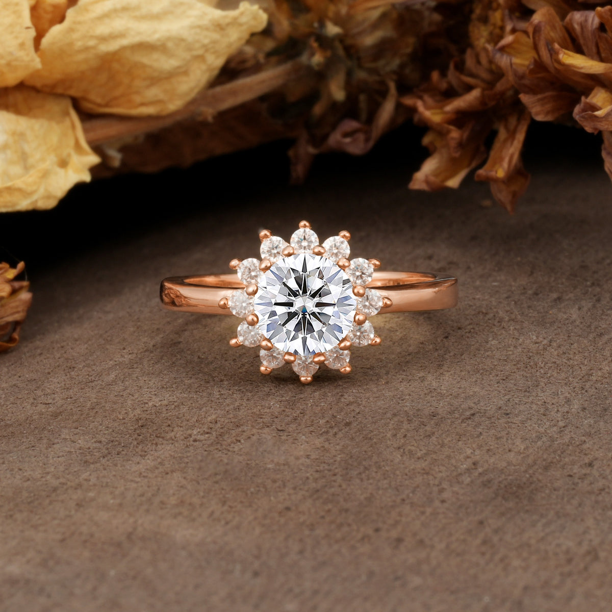 Nature-Inspired, Luxurious Floral Design, 12-Prong Round Cut Lab Diamond Engagement Ring - Additional view