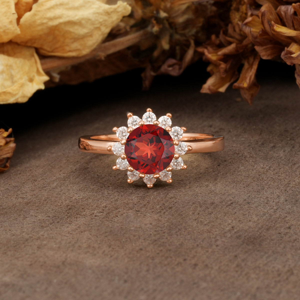 Nature-Inspired, Luxurious Floral Design, 12-Prong Round Cut Garnet Engagement Ring - Additional view