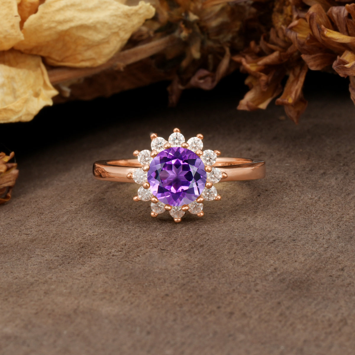 Nature-Inspired, Luxurious Floral Design, 12-Prong Round Cut Amethyst Engagement Ring - Additional view