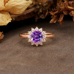 Nature-Inspired, Luxurious Floral Design, 12-Prong Round Cut Amethyst Engagement Ring - Additional view