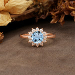 Nature-Inspired, Luxurious Floral Design, 12-Prong Round Cut Aquamarine Engagement Ring - Additional view