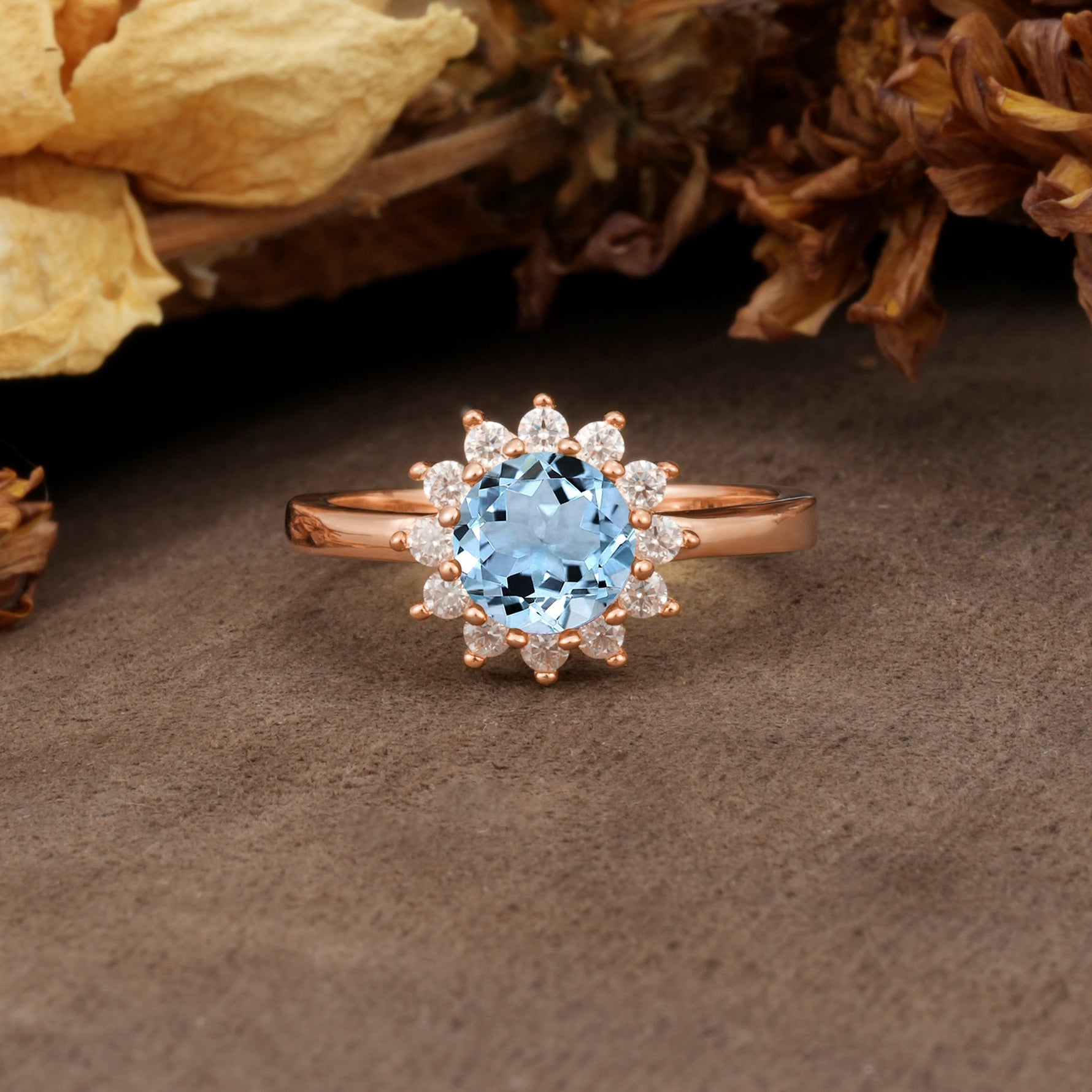 Nature-Inspired, Luxurious Floral Design, 12-Prong Round Cut Aquamarine Engagement Ring - Additional view