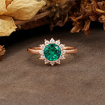 Nature-Inspired, Luxurious Floral Design, 12-Prong Round Cut Emerald Engagement Ring - Additional view