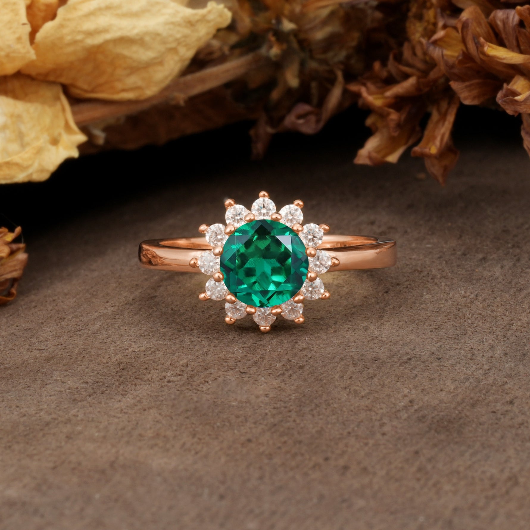 Nature-Inspired, Luxurious Floral Design, 12-Prong Round Cut Emerald Engagement Ring - Additional view