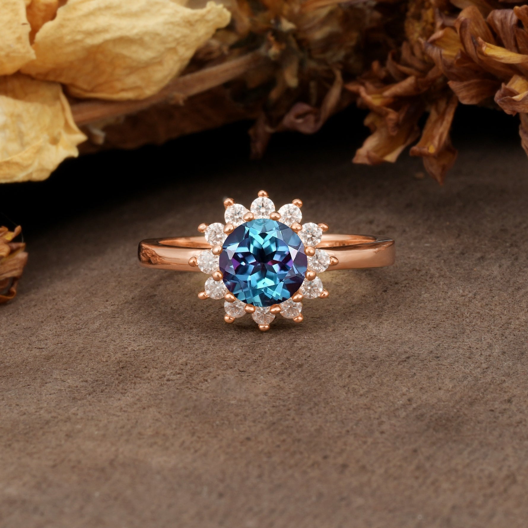 Nature-Inspired, Luxurious Floral Design, 12-Prong Round Cut Alexandrite Engagement Ring - Additional view