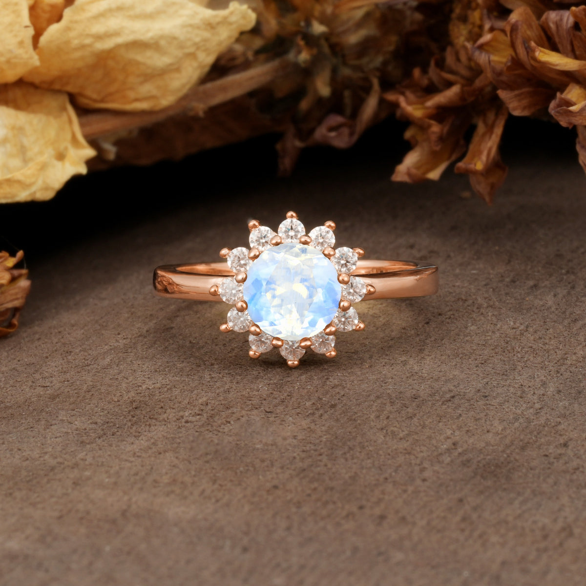 Nature-Inspired, Luxurious Floral Design, 12-Prong Round Cut Moonstone Engagement Ring - Additional view