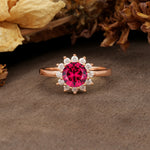 Nature-Inspired, Luxurious Floral Design, 12-Prong Round Cut Ruby Engagement Ring - Additional view
