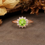 Nature-Inspired, Luxurious Floral Design, 12-Prong Round Cut Peridot Engagement Ring - Additional view