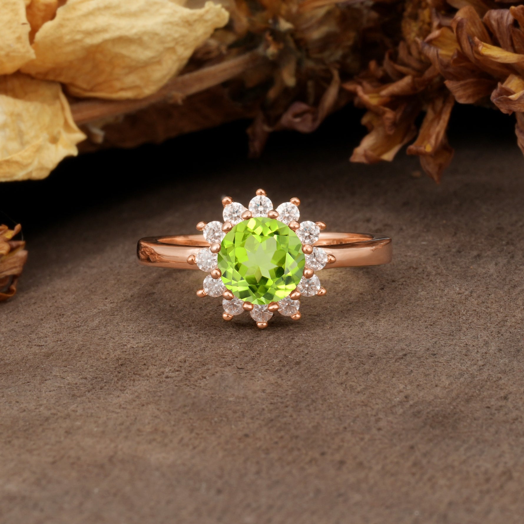Nature-Inspired, Luxurious Floral Design, 12-Prong Round Cut Peridot Engagement Ring - Additional view