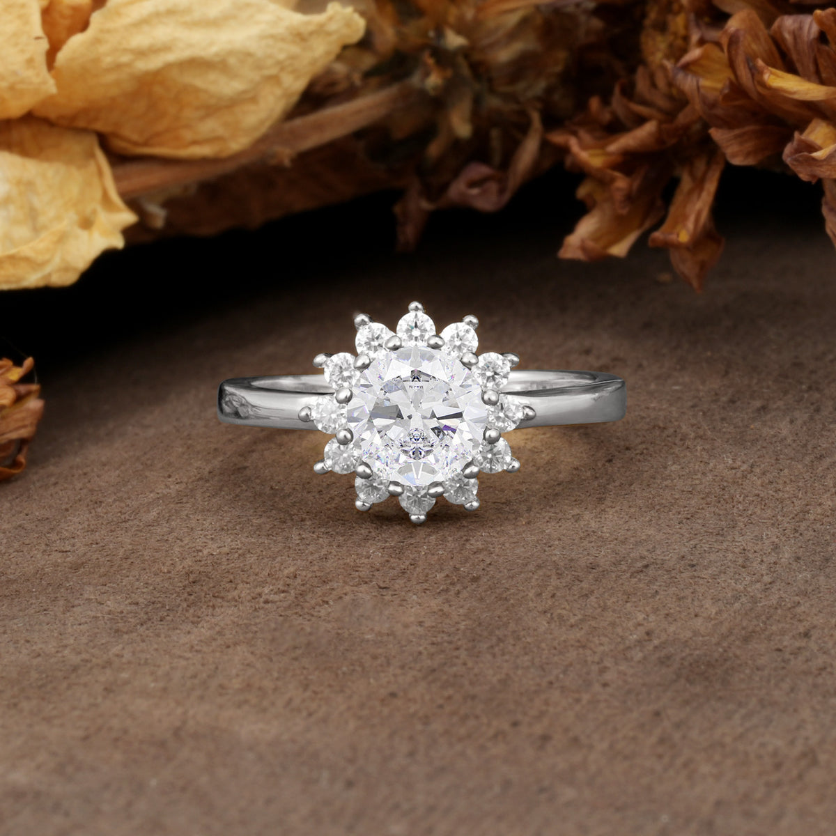 Nature-Inspired, Luxurious Floral Design, 12-Prong Round Cut Moissanite Engagement Ring - Additional view