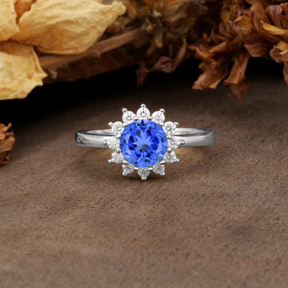 Nature-Inspired, Luxurious Floral Design, 12-Prong Round Cut Sapphire Engagement Ring - Additional view