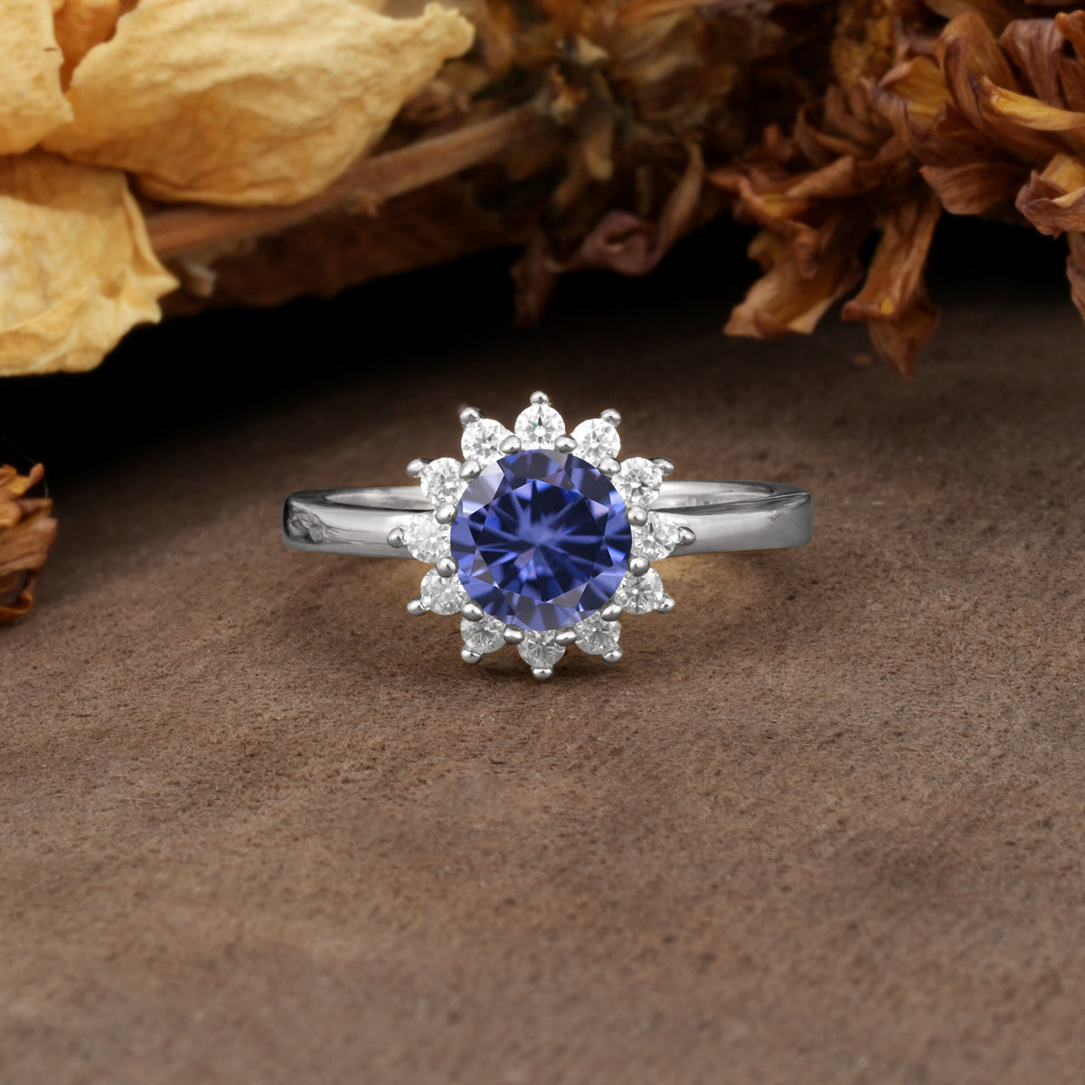 Nature-Inspired, Luxurious Floral Design, 12-Prong Round Cut Tanzanite Engagement Ring - Additional view