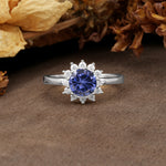Nature-Inspired, Luxurious Floral Design, 12-Prong Round Cut Tanzanite Engagement Ring - Additional view
