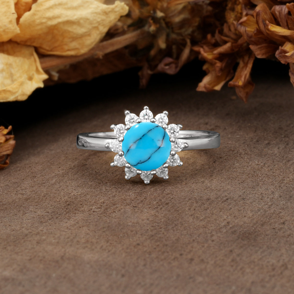 Nature-Inspired, Luxurious Floral Design, 12-Prong Round Cut Turquoise Engagement Ring - Additional view
