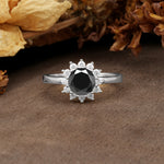 Nature-Inspired, Luxurious Floral Design, 12-Prong Round Cut Black Onyx Engagement Ring - Additional view