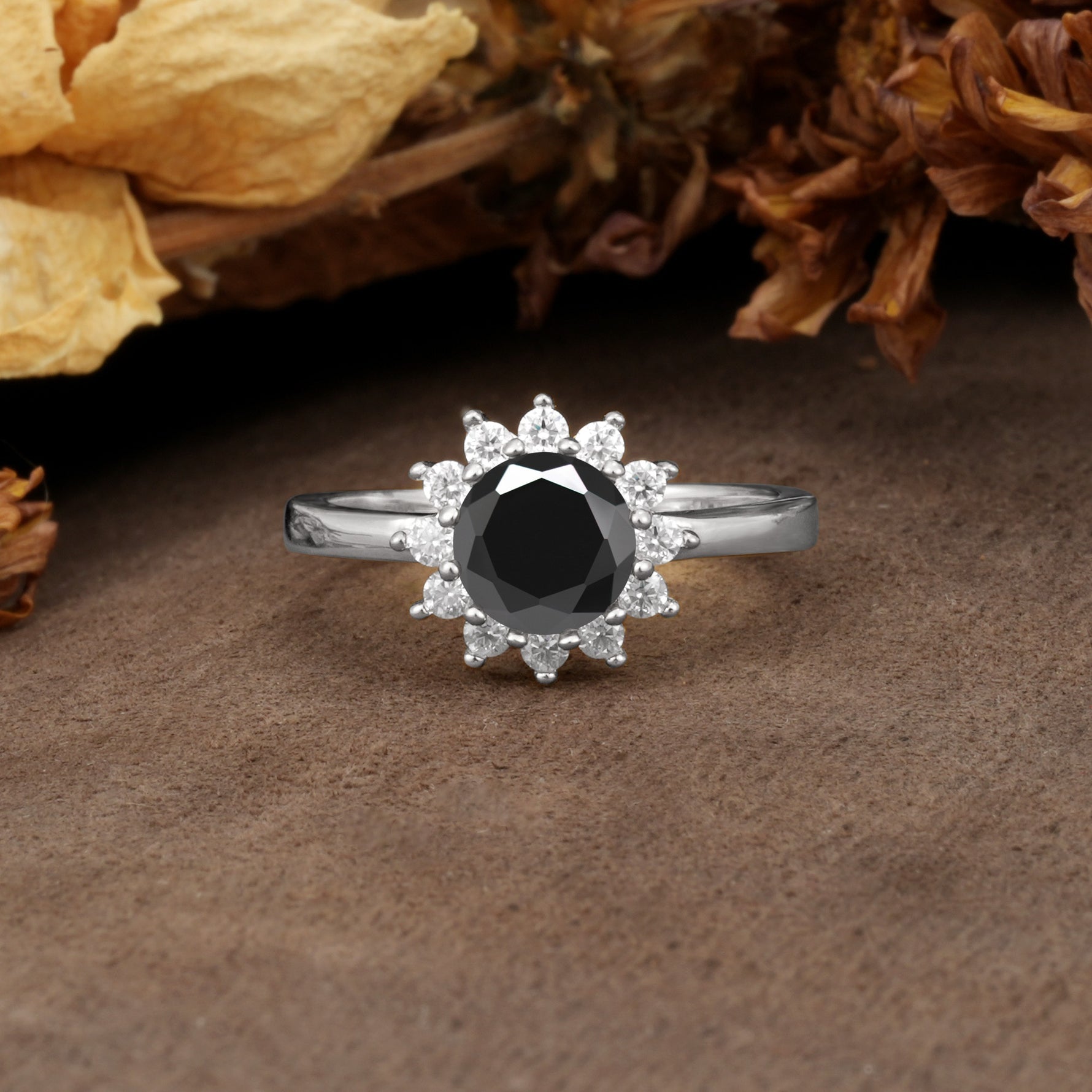 Nature-Inspired, Luxurious Floral Design, 12-Prong Round Cut Black Onyx Engagement Ring - Additional view
