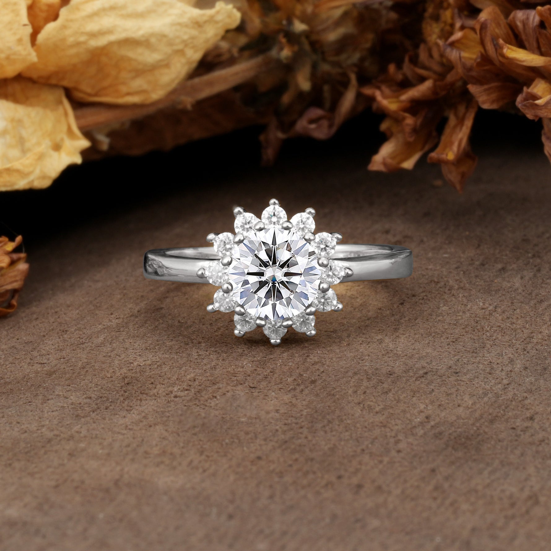 Nature-Inspired, Luxurious Floral Design, 12-Prong Round Cut Lab Diamond Engagement Ring - Additional view
