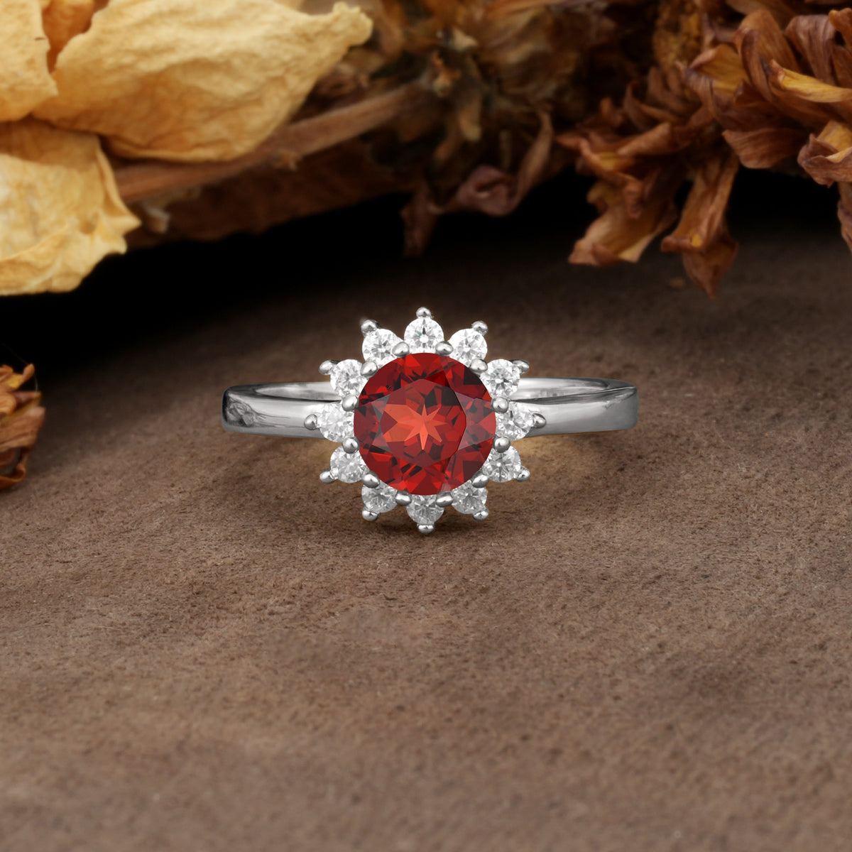 Nature-Inspired, Luxurious Floral Design, 12-Prong Round Cut Garnet Engagement Ring - Additional view