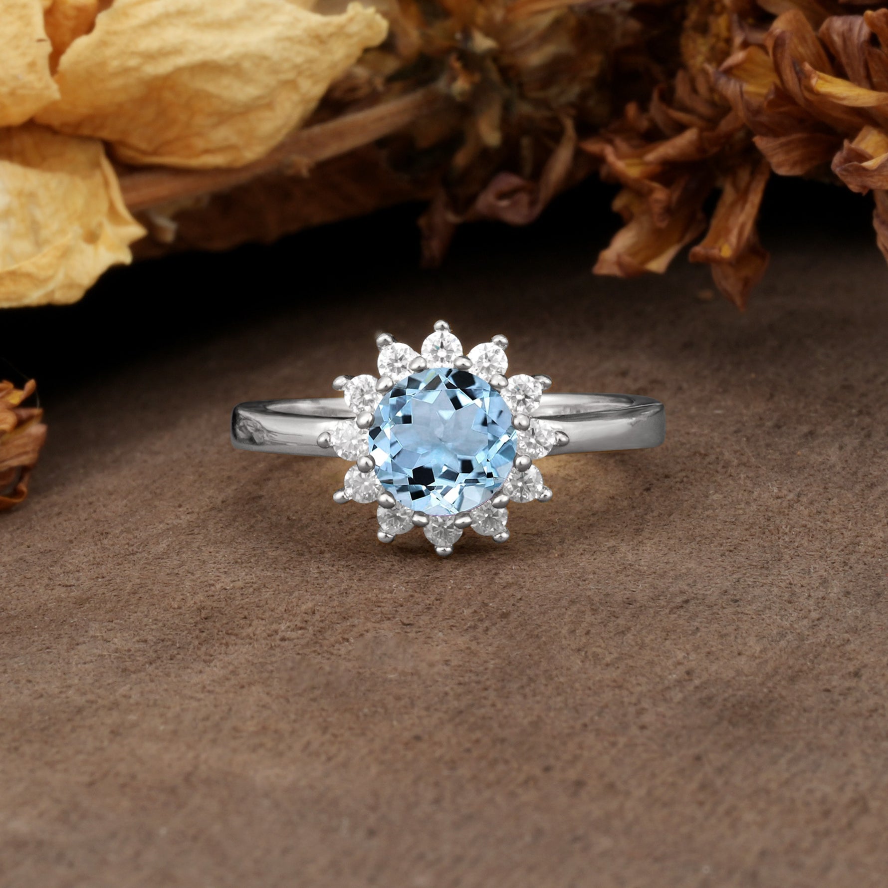 Nature-Inspired, Luxurious Floral Design, 12-Prong Round Cut Aquamarine Engagement Ring - Additional view