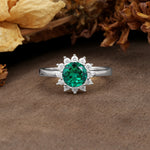 Nature-Inspired, Luxurious Floral Design, 12-Prong Round Cut Emerald Engagement Ring - Additional view