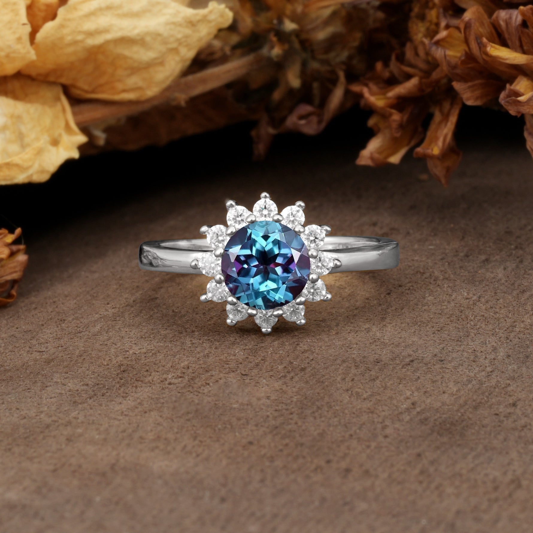 Nature-Inspired, Luxurious Floral Design, 12-Prong Round Cut Alexandrite Engagement Ring - Additional view