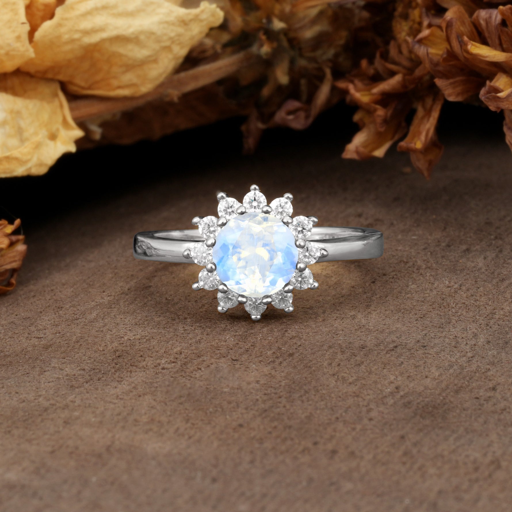 Nature-Inspired, Luxurious Floral Design, 12-Prong Round Cut Moonstone Engagement Ring - Additional view