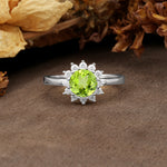 Nature-Inspired, Luxurious Floral Design, 12-Prong Round Cut Peridot Engagement Ring - Additional view