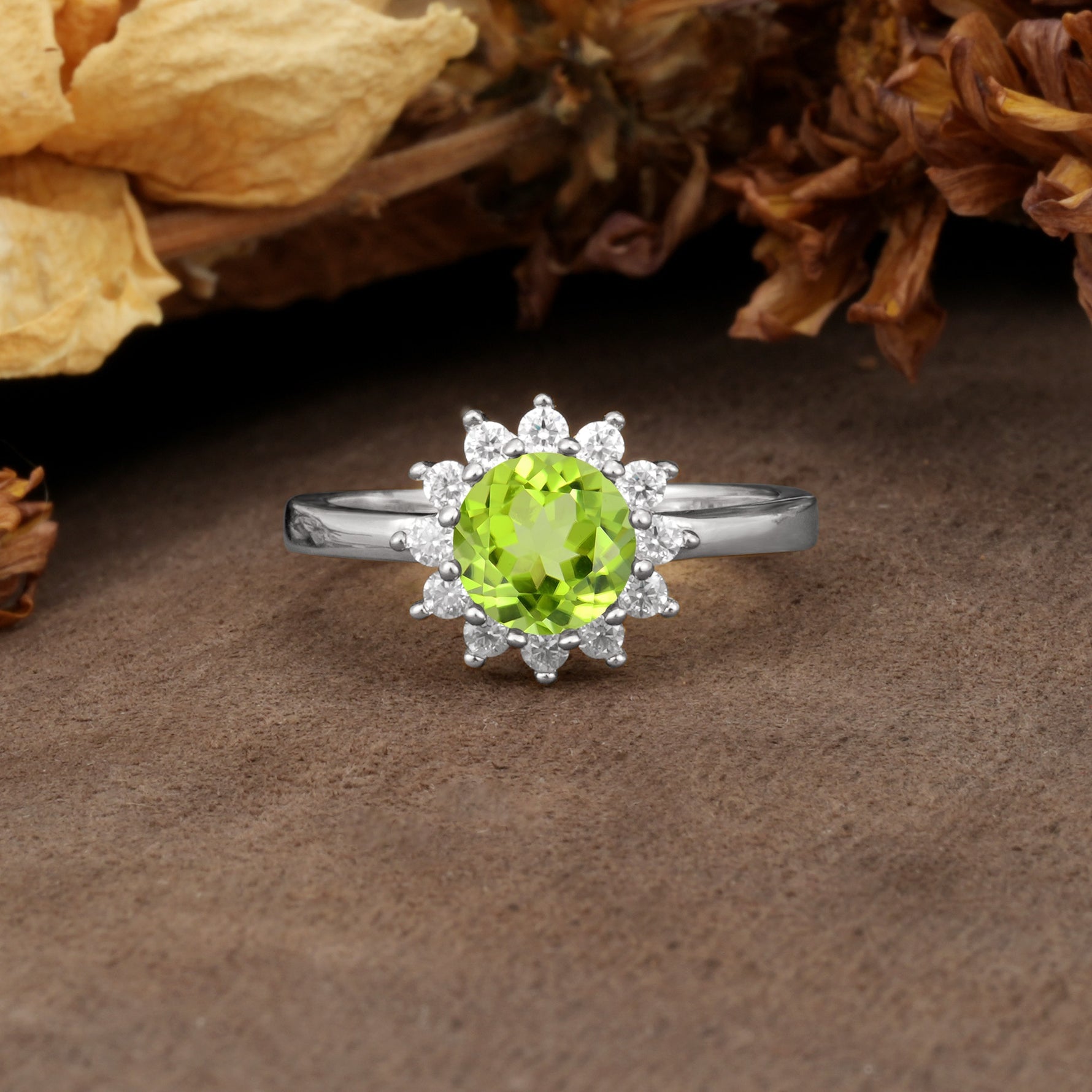 Nature-Inspired, Luxurious Floral Design, 12-Prong Round Cut Peridot Engagement Ring - Additional view