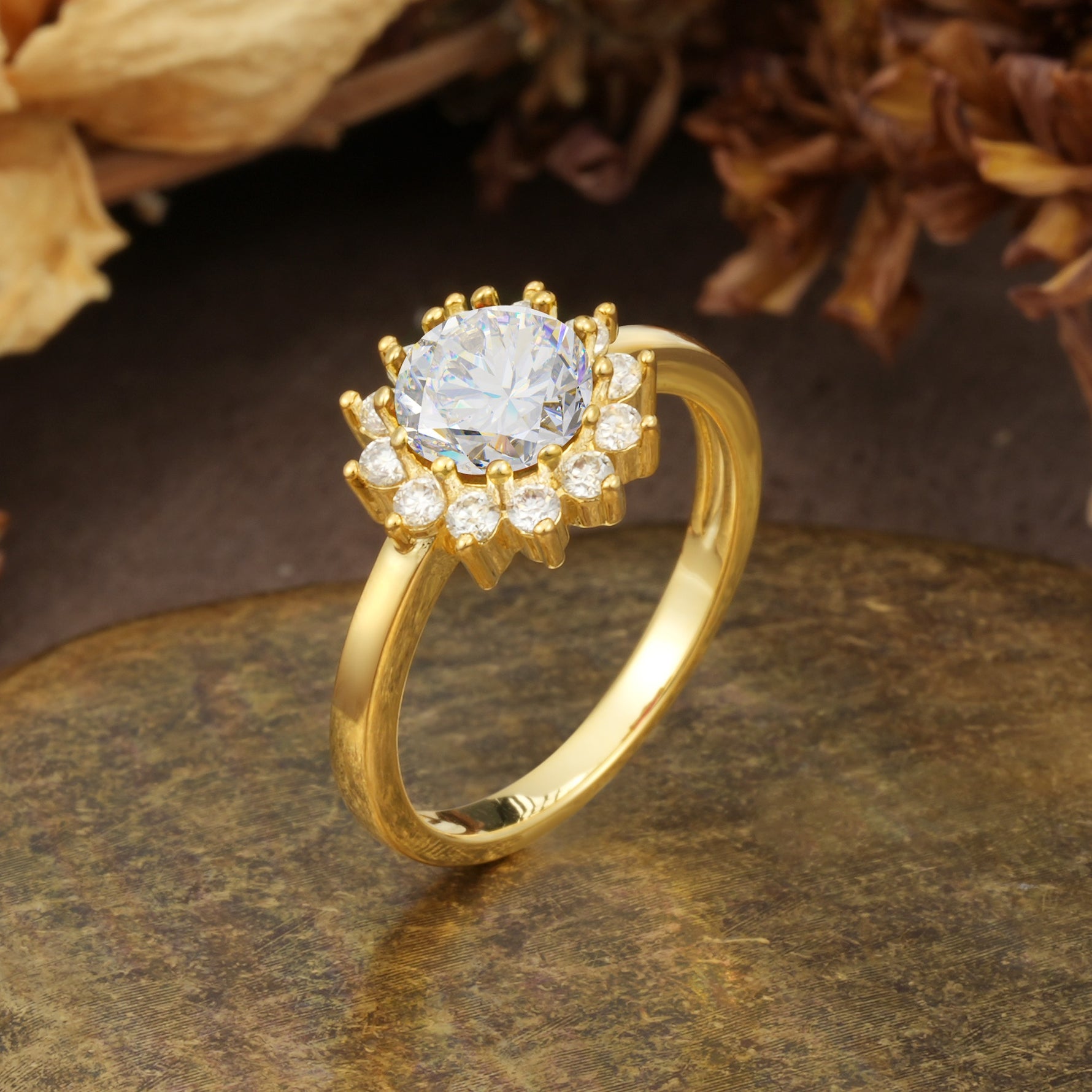 Nature-Inspired, Luxurious Floral Design, 12-Prong Round Cut Moissanite Engagement Ring - Additional view