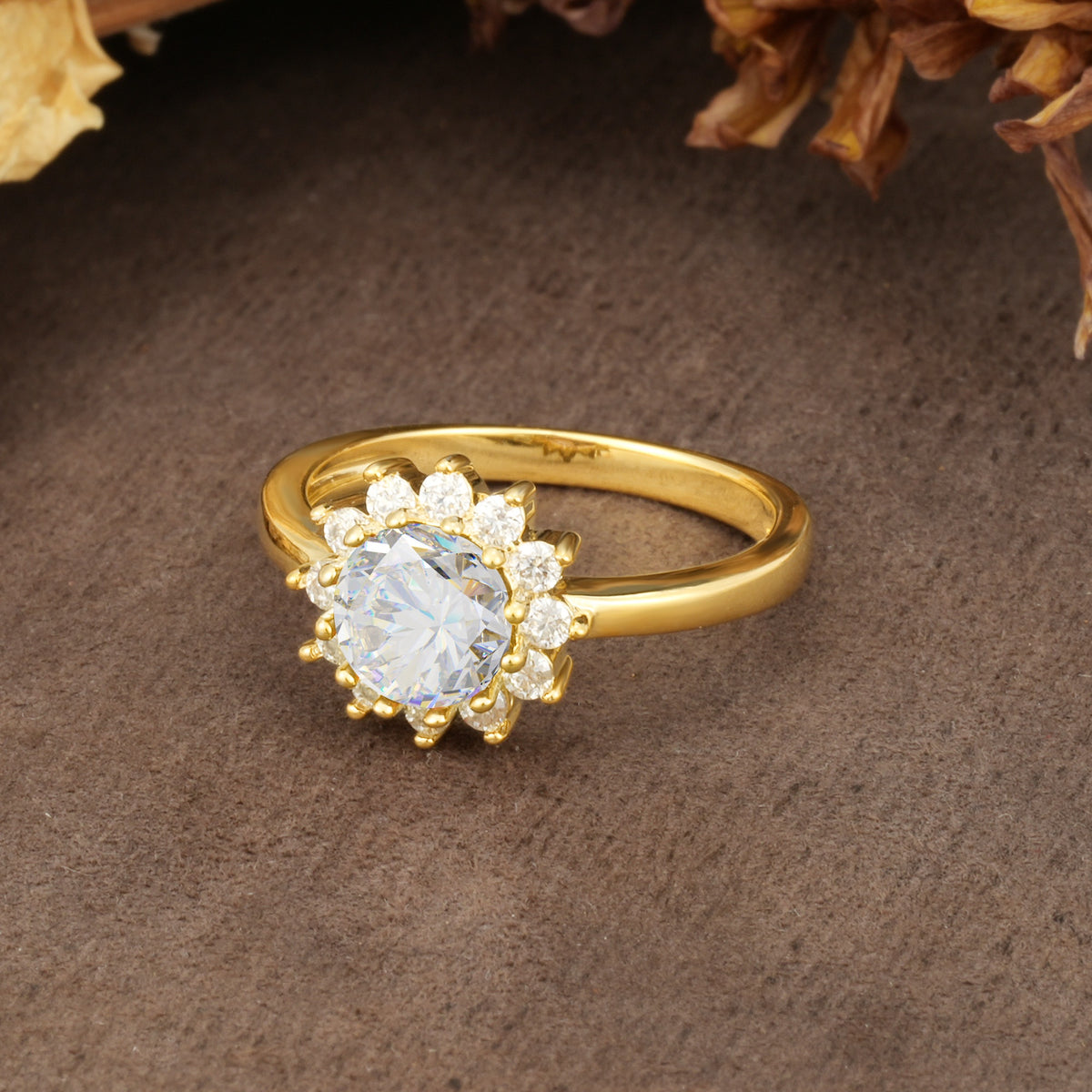 Nature-Inspired, Luxurious Floral Design, 12-Prong Round Cut Moissanite Engagement Ring - Additional view