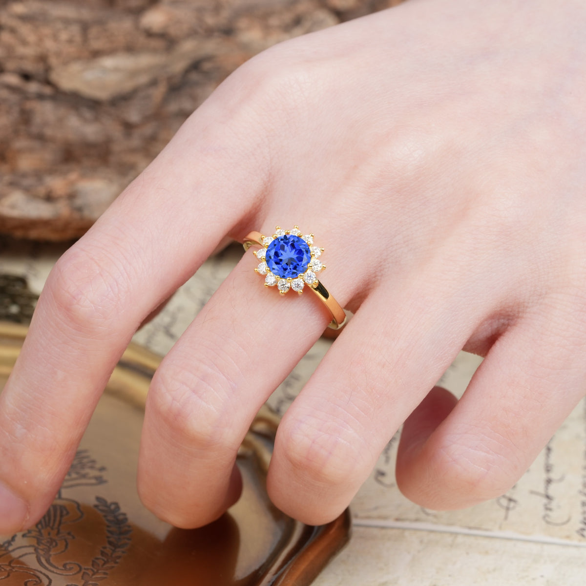 Nature-Inspired, Luxurious Floral Design, 12-Prong Round Cut Sapphire Engagement Ring - Additional view