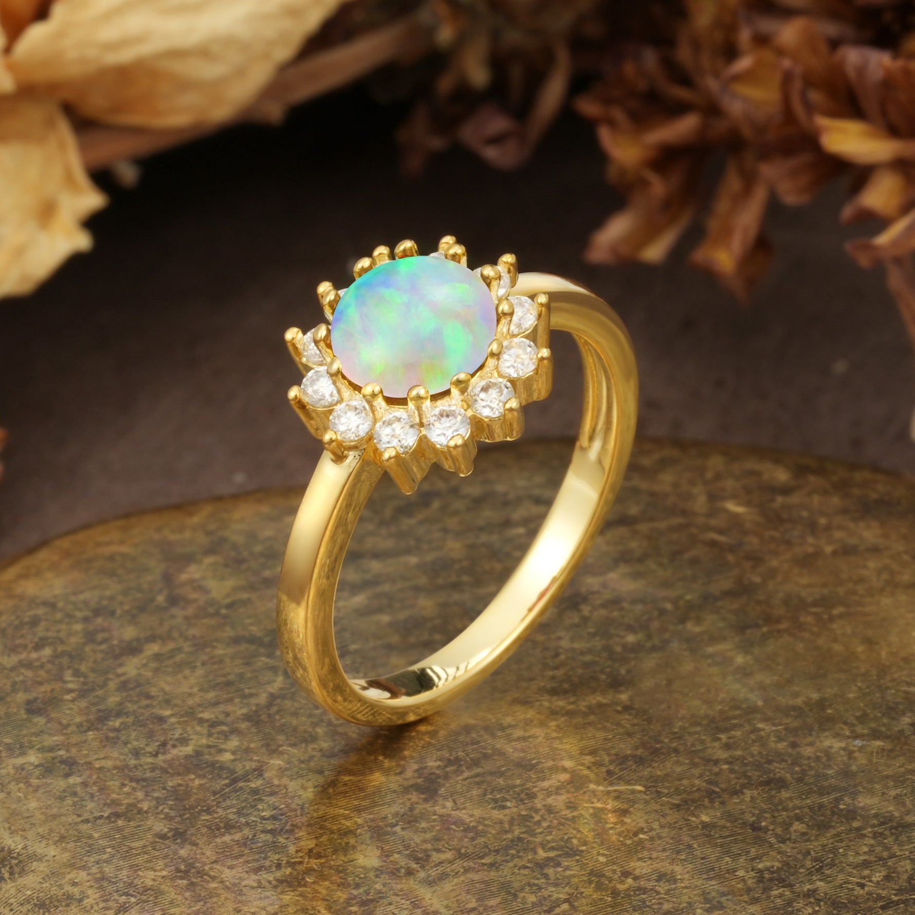 Nature-Inspired, Luxurious Floral Design, 12-Prong Round Cut Fire Opal Engagement Ring - Additional view