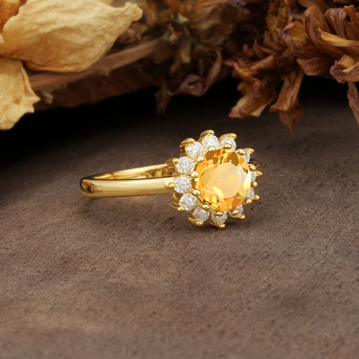 Nature-Inspired, Luxurious Floral Design, 12-Prong Round Cut Citrine Engagement Ring - Additional view