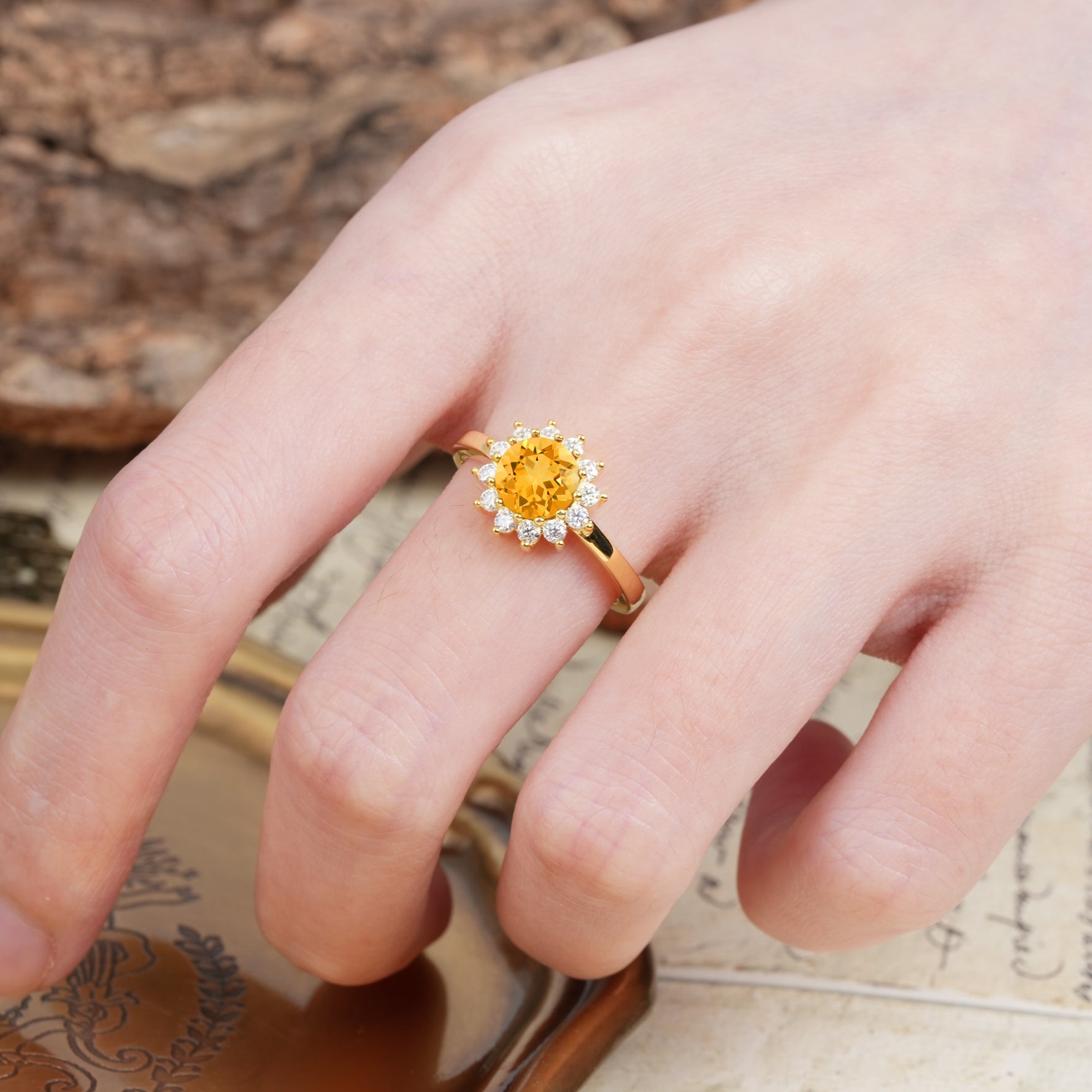 Nature-Inspired, Luxurious Floral Design, 12-Prong Round Cut Citrine Engagement Ring - Additional view