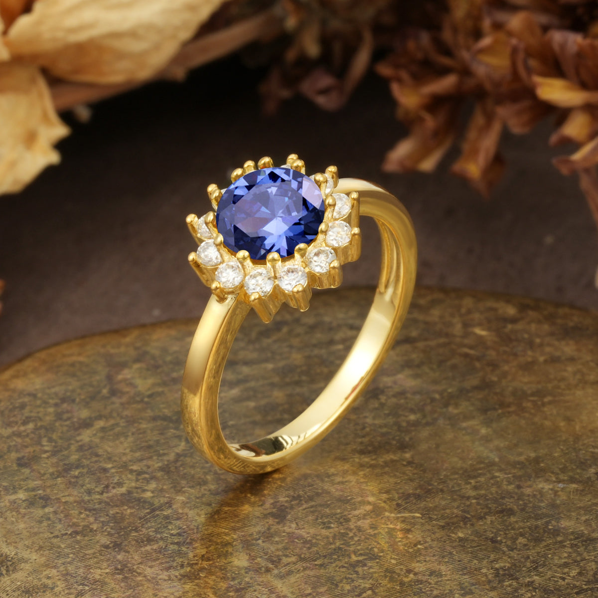 Nature-Inspired, Luxurious Floral Design, 12-Prong Round Cut Tanzanite Engagement Ring - Additional view