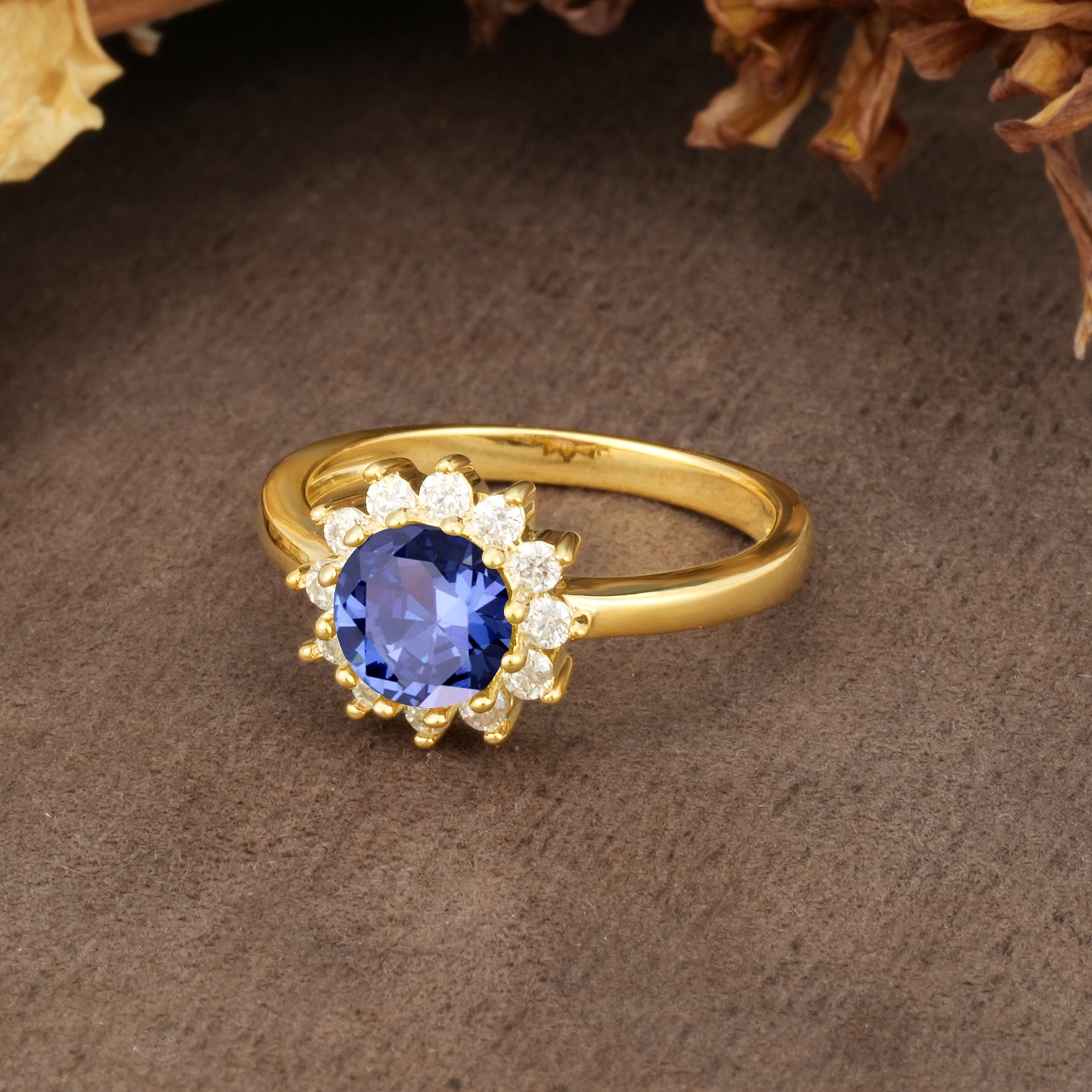 Nature-Inspired, Luxurious Floral Design, 12-Prong Round Cut Tanzanite Engagement Ring - Additional view