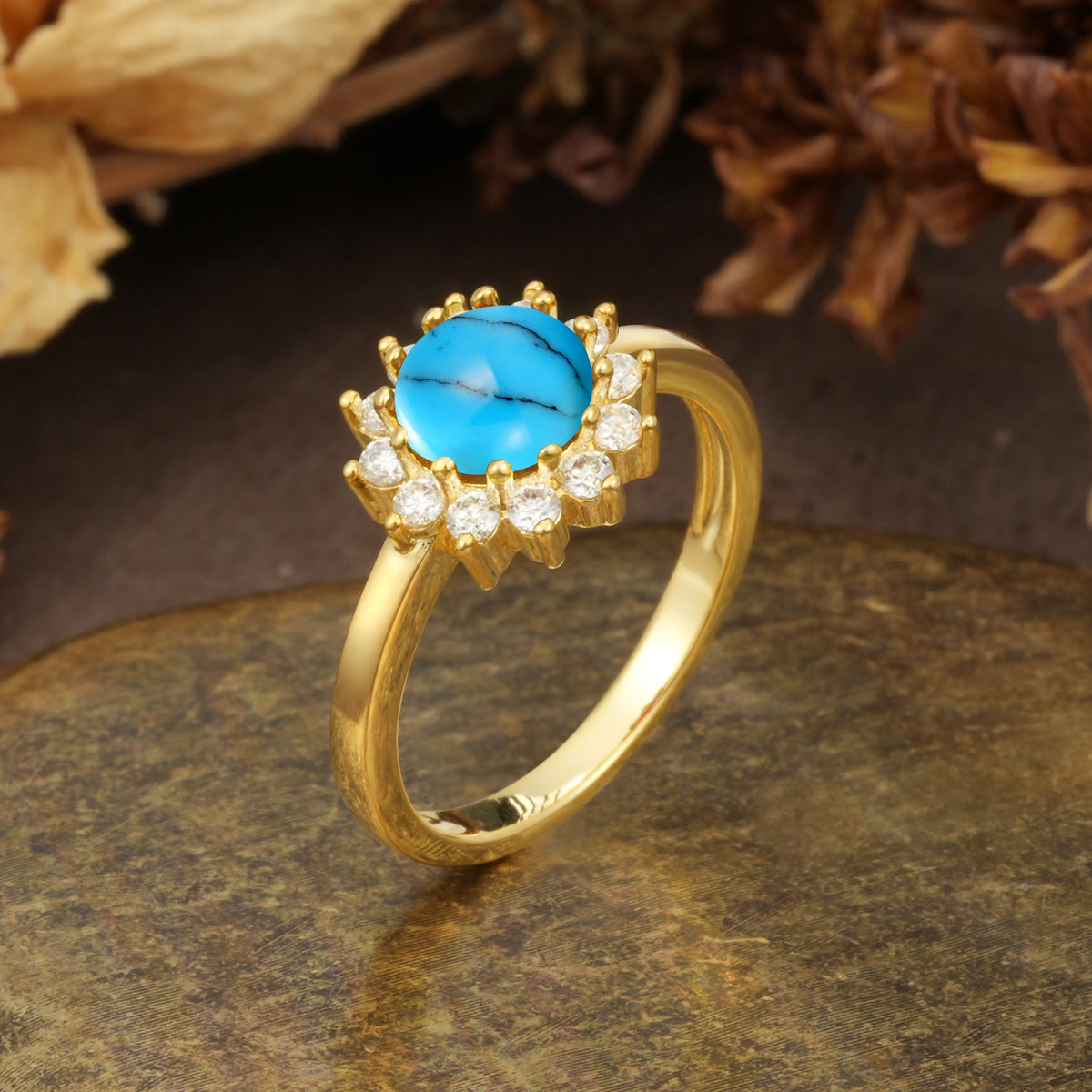Nature-Inspired, Luxurious Floral Design, 12-Prong Round Cut Turquoise Engagement Ring - Additional view