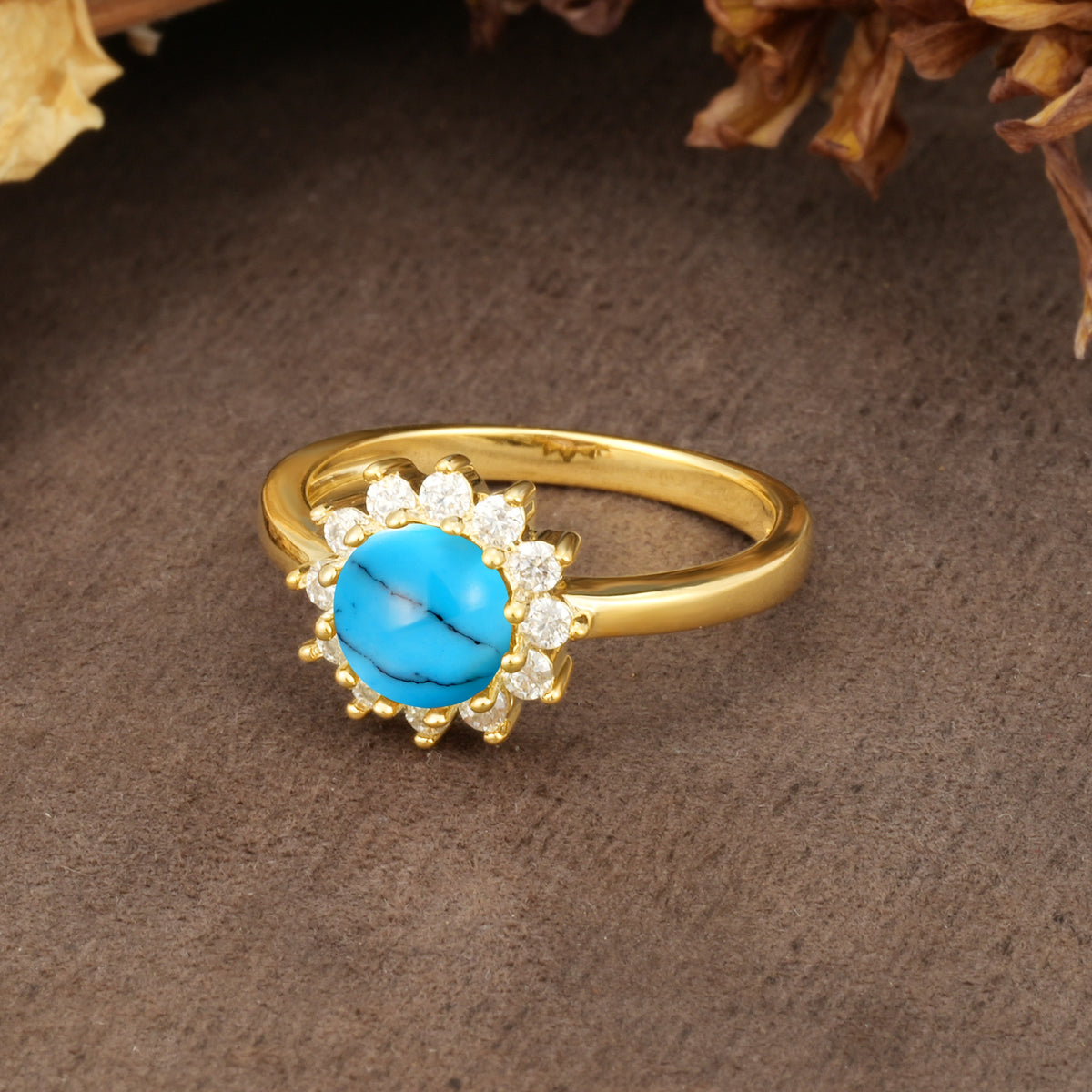 Nature-Inspired, Luxurious Floral Design, 12-Prong Round Cut Turquoise Engagement Ring - Additional view