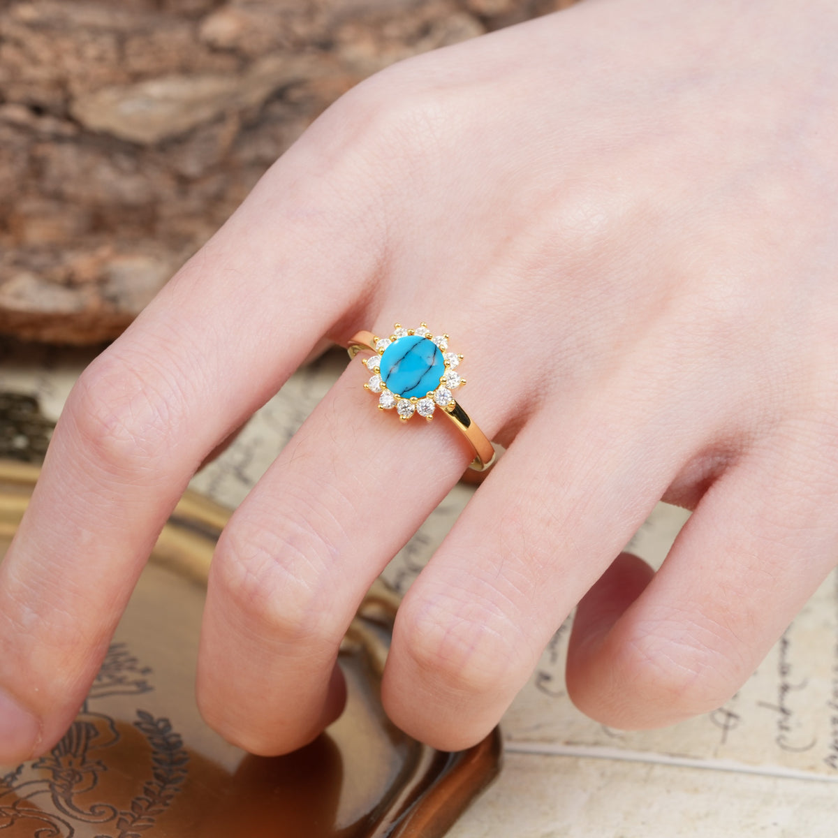 Nature-Inspired, Luxurious Floral Design, 12-Prong Round Cut Turquoise Engagement Ring - Additional view
