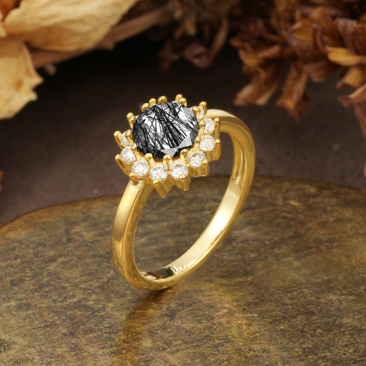 Nature-Inspired, Luxurious Floral Design, 12-Prong Round Cut Black Rutilated Quartz Engagement Ring - Additional view